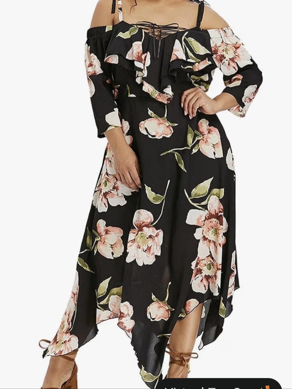 Off-Shoulder Black Floral Maxi Dress with Peach Blooms
